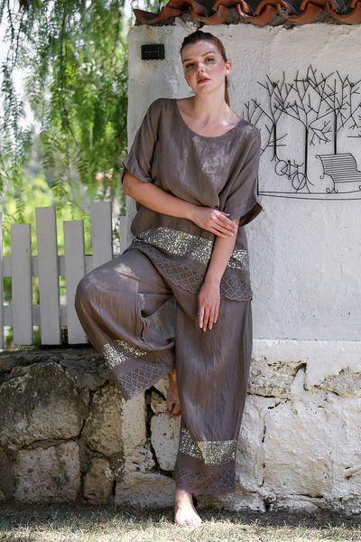 Chiccy Ιταλικό βιζόν γιακά πισίνας με χαμηλό μανίκι τσέπη παγιέτες ρουτσέ λινό υφαντό κοστούμι 73-100 70-68