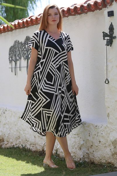 Chiccy Black-And-White V-Neck Short Sleeve Pattern Casual Viscose Woven Dress 120 65