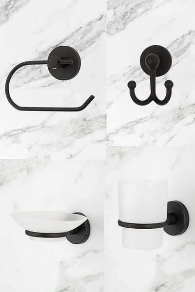 UG Home Μαύρη θήκη για χαρτί υγείας εξωτερικού χώρου Κρεμάστρα για ρόμπα Θήκη οδοντόβουρτσας Θήκη για σαπούνι 4 τεμαχίων Σετ μπάνιου