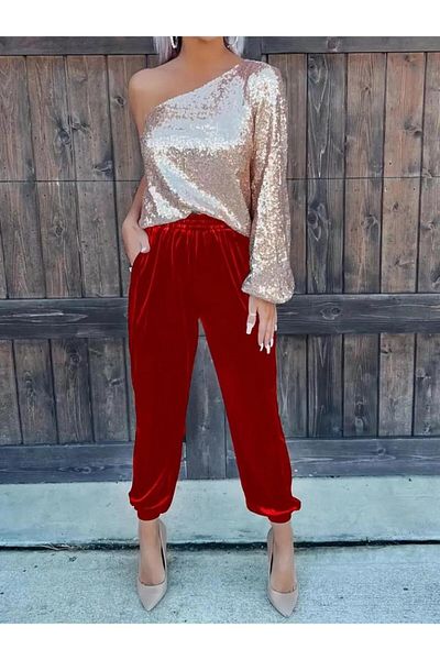 modamtn    Women's Elastic Waist High Waist Pocket Detail Velvet Pants