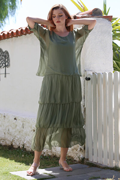 Chiccy Italian Khaki Pool Collar 3/4 Sleeve Lined Layered Casual Silk Woven Dress 130 60