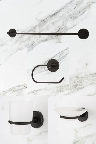 UG Home Μαύρη μακριά θήκη για πετσέτες Εξωτερική θήκη για χαρτί υγείας Θήκη οδοντόβουρτσας Θήκη σαπουνιού 4 τεμαχίων Σετ μπάνιου