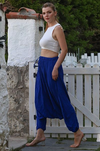 Chiccy Saks Blue Washed Elastic Waist Baggy Leg Casual Crinkle Woven Trousers 95 80