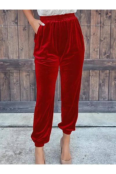 modamtn    Women's Elastic Waist High Waist Pocket Detail Velvet Pants