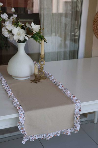 vintagetasarım Runner Ruffled Floral Vintage Mink Color 40X130Cm Duck Linen