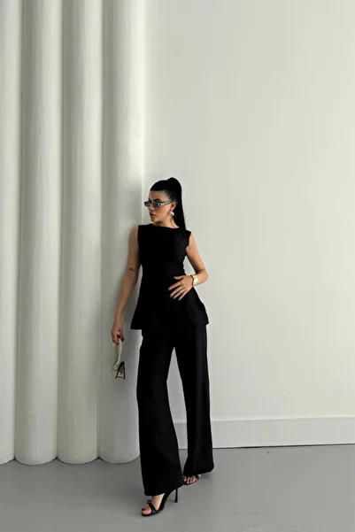 GE TİCARET Jacquard Linen Sleeveless Bluz-Pants Tk - Black