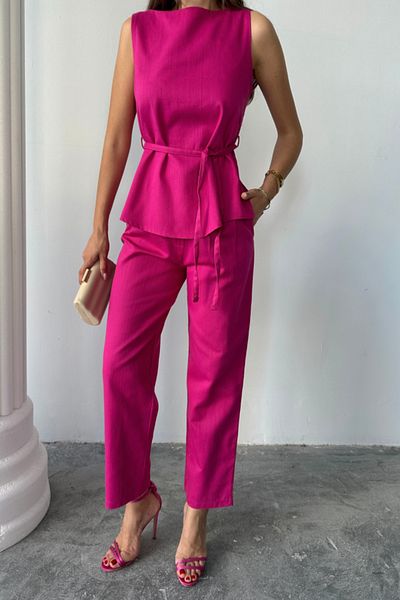 modamtn Linen Bluz - Pant Suit Massimo Modelscreat Fabric - Fuchsia