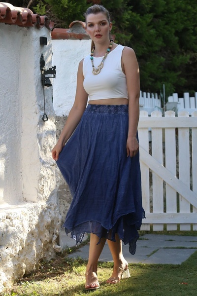 Chiccy Jean Blue Strat Washed Elastic Talie Casual Crinkle Fusta țesută asimetrică 89 70