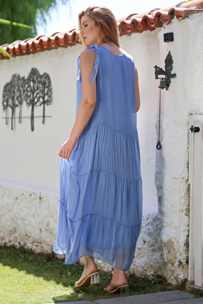 Chiccy İtalyan Lavanta Mavisi Havuz Yaka Kolsuz Bağlamalı Astarlı Casual İpek Dokuma Elbise 130 65