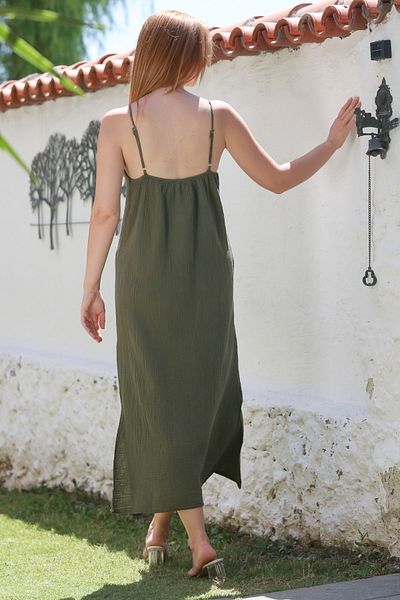 Chiccy Χακί λουράκι με σχισμή δαντέλα Casual Muslin Long Woven φόρεμα 128 55