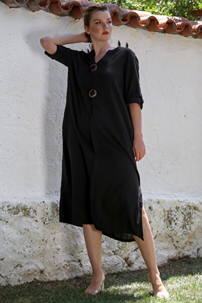 Chiccy Italian Black V-Neck Button 3/4 Sleeve Casual Linen Look Woven Dress with Hidden Pocket 120 56