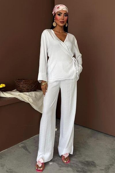 modamtn Double Breasted Model Classic Chupra Linen Suit with Trousers 10191
