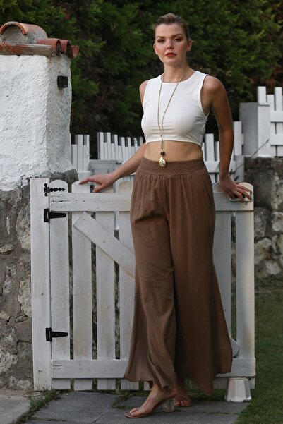 Chiccy Vizon Astarlı Yıkamalı Lastikli Ve Bağlamalı Bel Geniş Paça Casual Dokuma Pantolon 108 64