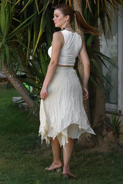 Chiccy Fusta bej stratificată, lavabilă, cu talie elastică, casual, țesută asimetrică, 89 70