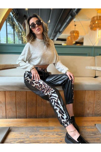 modamtn Women's Waist and Leg Elastic Detail Leopard Detail Laced Leather Trousers