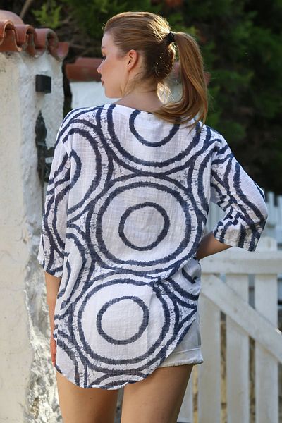 Chiccy Italian White Pool Collar 3/4 Sleeve Geometric Pattern Button Casual Linen Look Woven Blouse 70 60