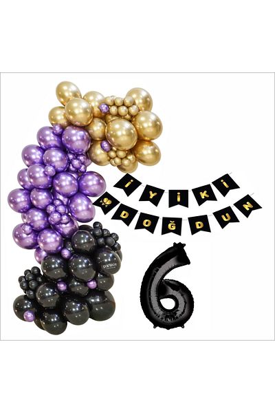 ZENVİVA 6 Year Old Black, Gold, Purple Balloon+Banner Set