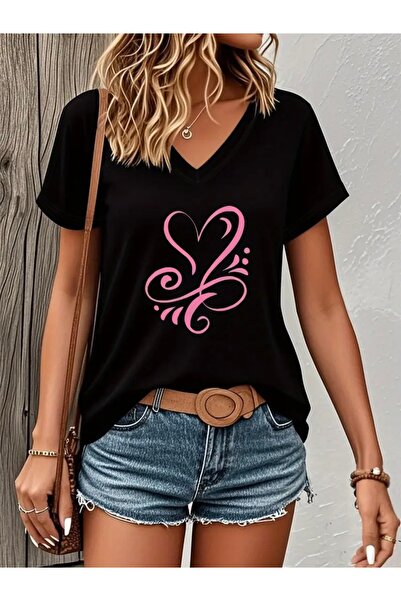 FUFLUNS Design Heart Printed Women's Oversize V-Neck T-Shirt
