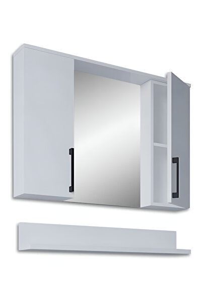 KRM HOME Lavabo Dolabı Üst Modül Siyah Kulp Detaylı Camlı Model Altı Raflı Model (BEYAZ)