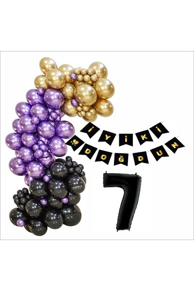 ZENVİVA 7 Year Old Black, Gold, Purple Balloon+Banner Set