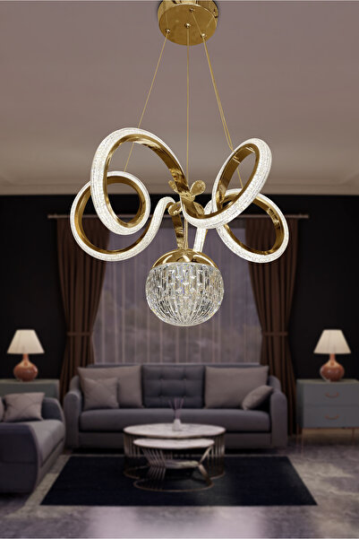 RSCOLLECTIONS Kıvrım Tekli Kristal Top Simli Slikonlu Modern Oturma Led Avizesi Kumandasız Gold
