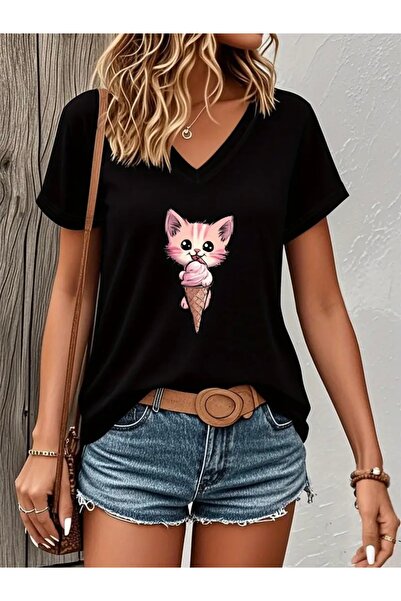 FUFLUNS تي شيرت نسائي برقبة على شكل حرف V مطبوع عليه قطة لطيفة