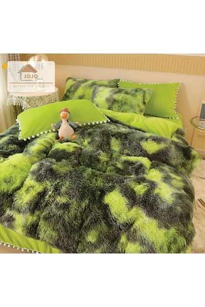 OEM Lenjerie De Pat Pufoasa FLUFFY - Verde/Gri Cu Ciucuri