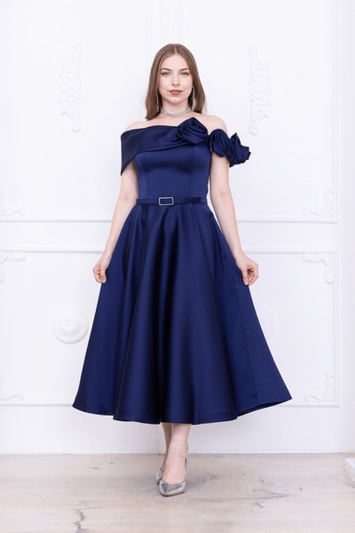 BEYBOS Μίντι Φόρεμα με Σατέν Υφασμάτινο Τριαντάφυλλο - ΣΚΟΥΡΟ ΜΠΛΕ