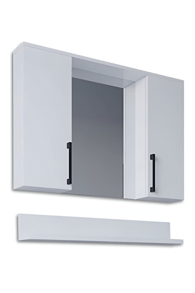 KRM HOME Lavabo Dolabı Üst Modül Siyah Kulp Detaylı Camlı Model Altı Raflı Model (BEYAZ)