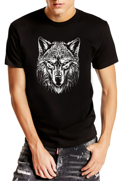 PARUNIV Tricou barbati, Wolf Head, Lup, Negru