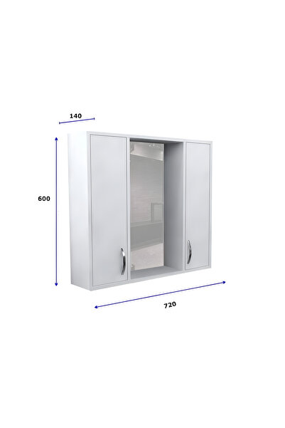 KRM HOME Lavabo Dolabı Üst Modülü Gümüş Kulp Detaylı Aynalı Model (BEYAZ)