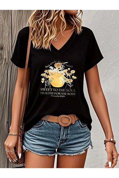 FUFLUNS تي شيرت نسائي كبير الحجم برقبة على شكل حرف V مطبوع عليه عسل حلو