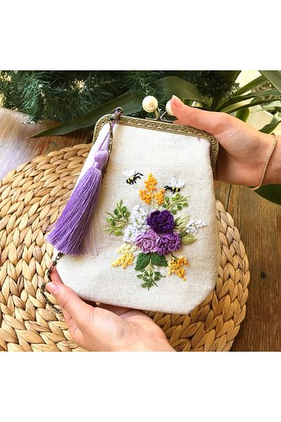 Home Cream Linen Rococo 3D Hand Embroidered Vintage Style Bag. 18X18 Dimensions. 100% Handmade