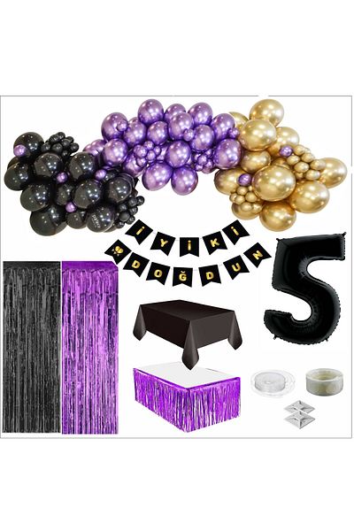 ZENVİVA 5 Year Old Black, Gold, Purple Balloon, Black-Gold Birthday Set