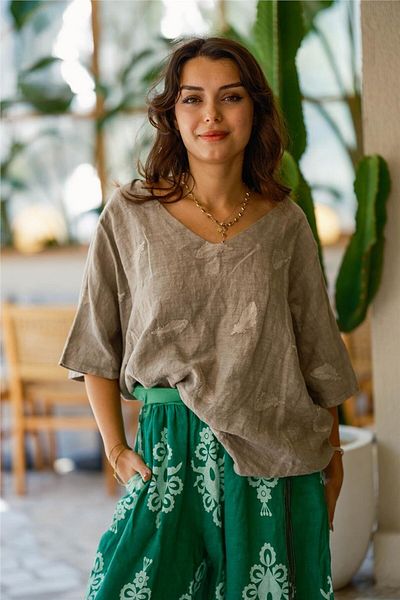 Miss Boheme Gray Color Leaf Patterned Linen Blouse