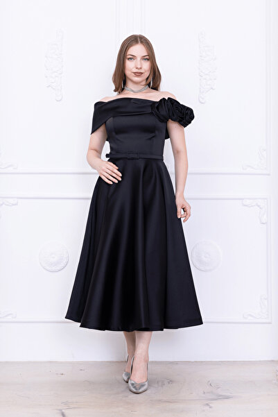 BEYBOS Σατέν Φόρεμα Μίντι με Λεπτομέρεια Τριαντάφυλλο - ΜΑΥΡΟ