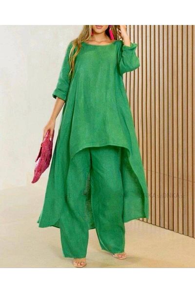 SoSoStyle Women's Long Sleeve Boat Neck Detail Tunic and Trousers Double Set