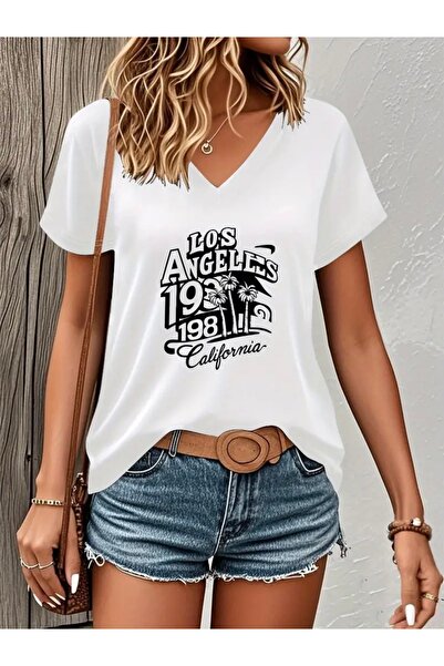 FUFLUNS تي شيرت نسائي مطبوع برقبة على شكل حرف V من لوس أنجلوس كاليفورنيا