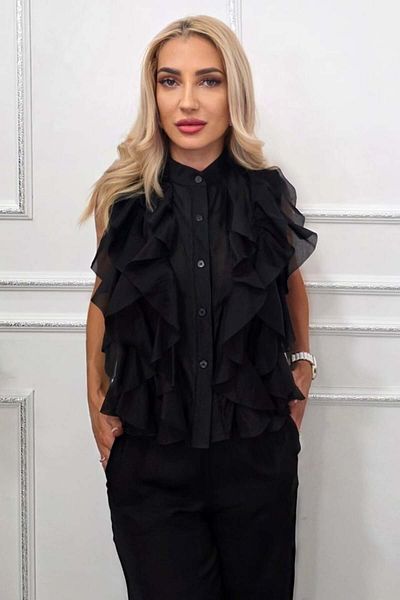 FashionForYou Cămașă office cu volane, din lyocell NIVA, Negru, Mărime S/M