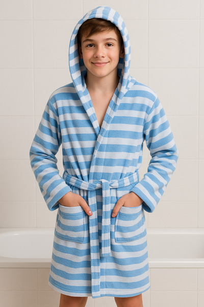 ZEYNO HOME TEKSTİL %100 Pamuk Yumuşak Dokulu Mavi-Beyaz Çizgili Kapüşonlu Bornoz (10-15 Yaş)