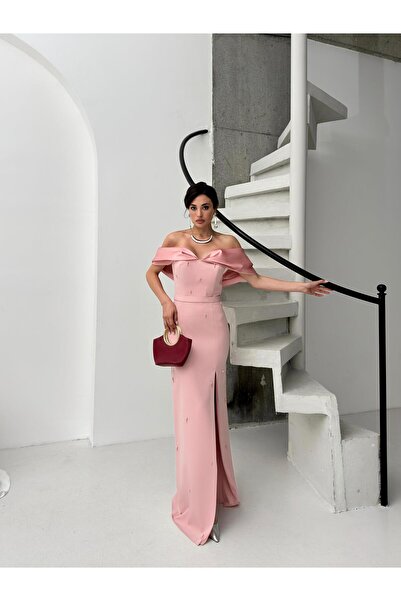 Serica Moda Βραδινό φόρεμα με λαιμόκοψη σε σκόνη με μαργαριτάρι