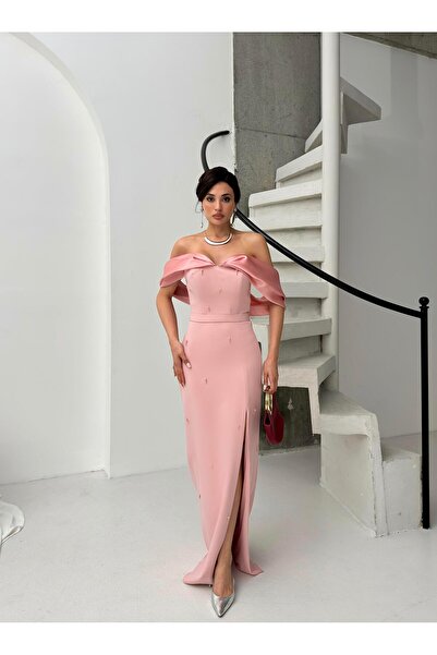 Serica Moda Βραδινό φόρεμα με λαιμόκοψη σε σκόνη με μαργαριτάρι