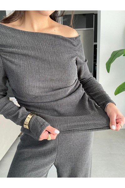 modamtn Women's Boat Neck Side Gathered Shoulder Low-Cut Blouse Vesalaş Flared Leg Trousers Double Set