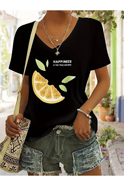 FUFLUNS تي شيرت نسائي كبير الحجم برقبة على شكل حرف V مطبوع عليه LEMON HAPPINESS