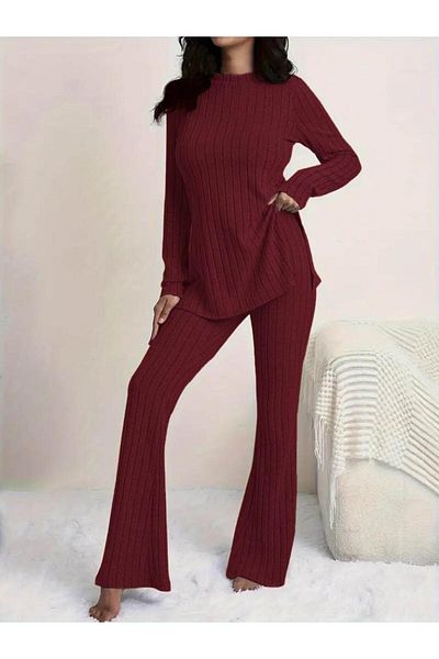 modamtn Women's Long Sleeve Round Neck Side Slit Detailed Raised Camisole Blouse and Trousers Double Set