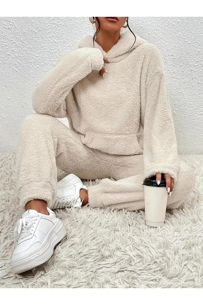 modamtn Women's Long Sleeve Hooded Front Pocket Plush Bottom and Top Double Set
