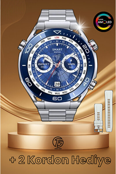 GÜMÜŞTEKNO SP4 49mm Akıllı Saat Tam Ekran Çelik Silikon Kordon Adımsayar & Nabız Ölçer Yuvarlak Erkek Kol Saati