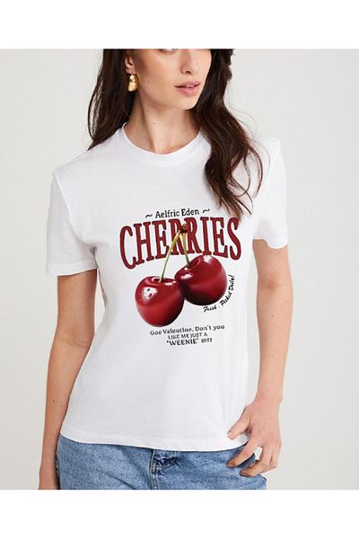Fifty Color 2-Piece Women's Ribbon, Cherries Printed, Regular Cut, Cotton, Crew Neck, T-Shirt