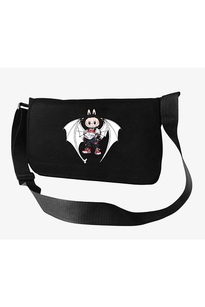 DEEFWEAR Black Bat Winged Labubu Printed Back to School Messenger Bag