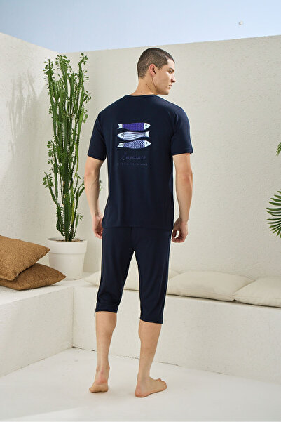 İpek Ανδρικό κοντομάνικο σετ πιτζάμες από ύφασμα μπαμπού με λαιμόκοψη σε σχήμα O